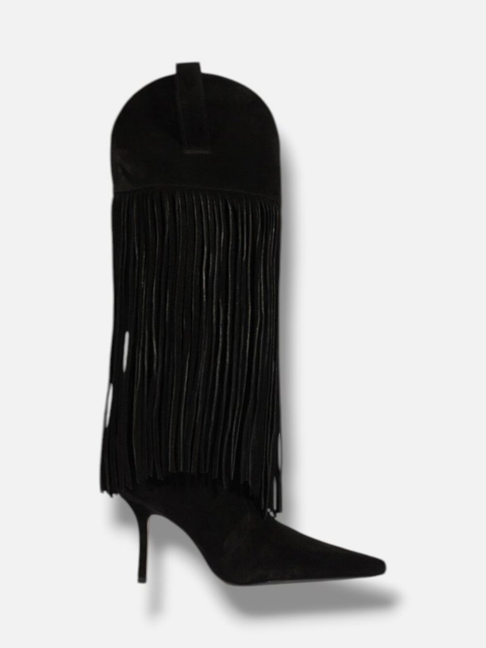 Schutz Women's Black Raffaela Up Fringes Stiletto Suede Boot Size 10.5B